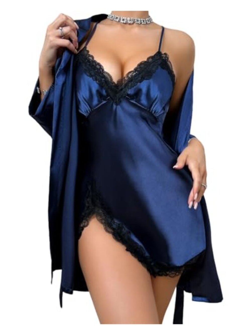 Satin Robe Set 2 Piece Silk Pajama Set Lace Cami Nightgown Kimono Robe
